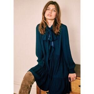 Sezane Selena Tie Neck Long Sleeve Navy Blue Tiered Dress